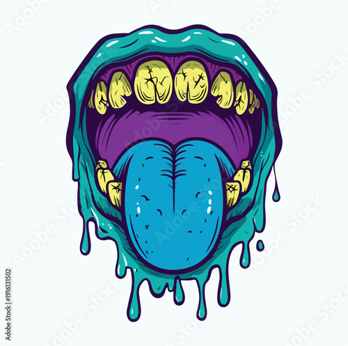 Cartoon graphic illustration depicting a monstrous open mouth with vibrant teal drool decayed yellow teeth and a long sticking out blue tongue ideal for alternative apparel designs or scary media proj