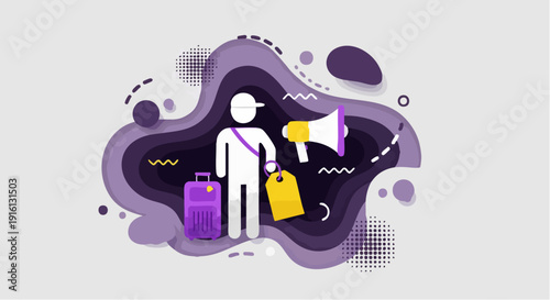 Man with shopping bags and megaphone promoting sales.