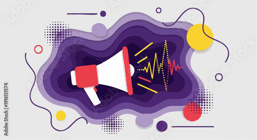 Megaphone broadcasting sound waves with abstract background.