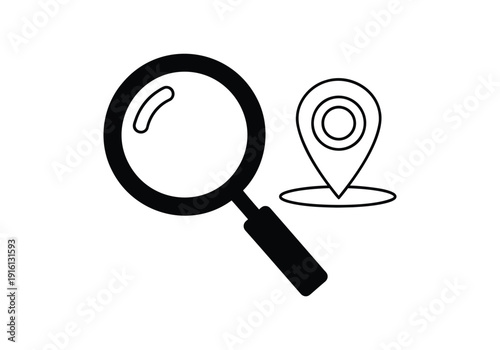 Black magnifying glass and location pin in monochrome line style handle white