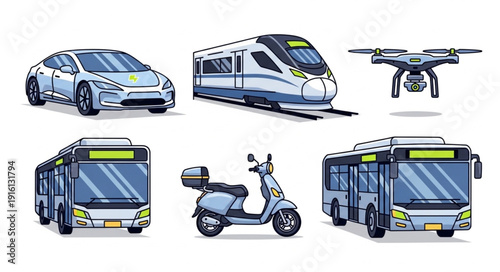 Collection of modern transportation vehicles including car train drone bus scooter.