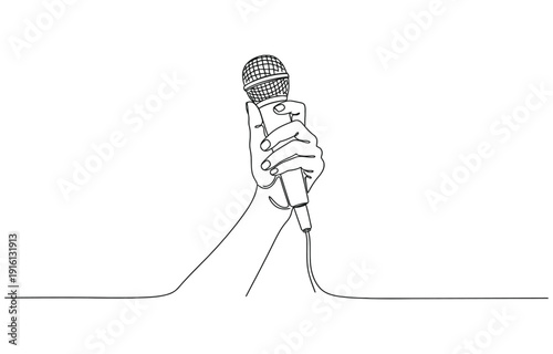 Continuous one line drawing of a female journalist holding a microphone and pointing.