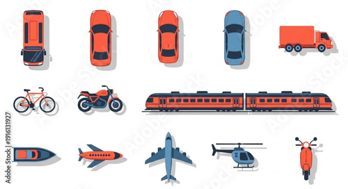 Collection of various transportation vehicles from a top view.