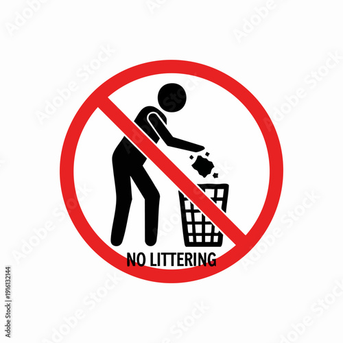 No Littering Sign With Person Throwing Trash In Bin.