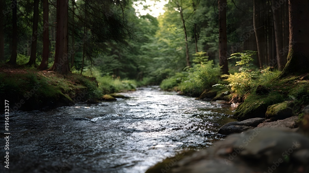 Fototapeta premium A clear stream flows through a lush sun d d forest with verdant trees and mossy rocks