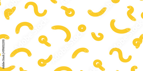 Seamless Macaroni Pasta Pattern with Yellow Curved Noodles Italian Food Background Repeating Vector Illustration