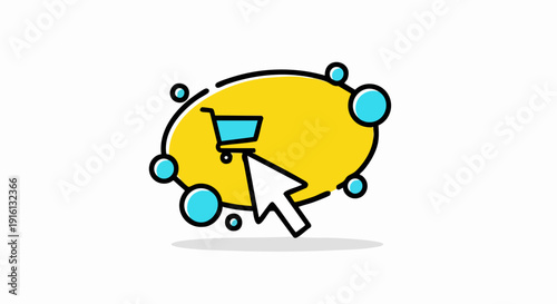 Online Shopping Cart Icon with Cursor Pointer and Bubbles.