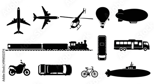 Collection of diverse transportation vehicle silhouettes.