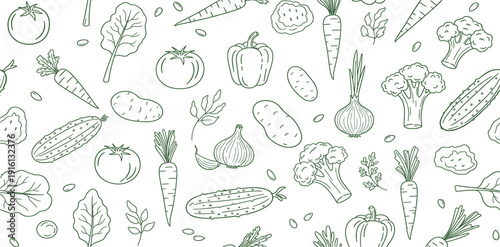 Seamless Vegetables Pattern with Hand Drawn Organic Farm Produce Healthy Food Outline Background Vector Illustration