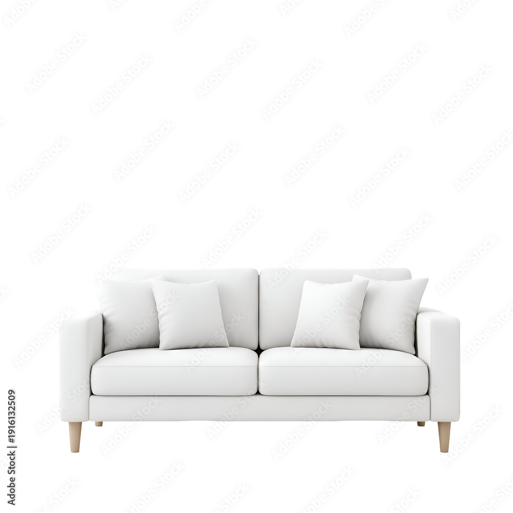 Fototapeta premium Modern White Two-Seater Sofa with Wood Legs on white background , Isolated on Transparent Background, PNG, Generative AI 