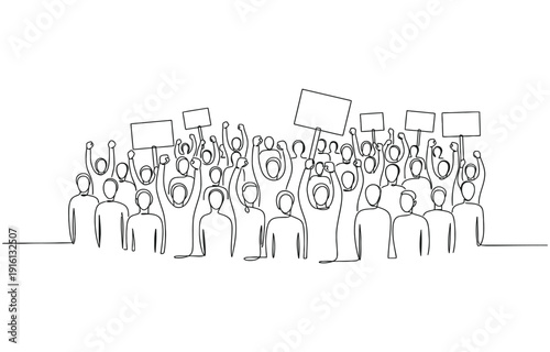 Crowd of people shouting or singing one line drawing.