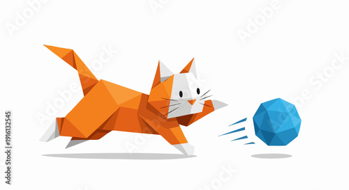 Origami Cat Playing with Blue Ball.