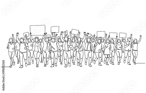 Crowd of people shouting or singing one line drawing.