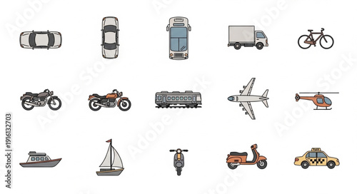 Collection of various transportation vehicles and modes of travel.