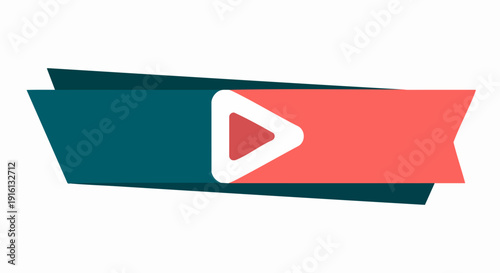 Play Button Icon on a Teal and Coral Ribbon Banner.