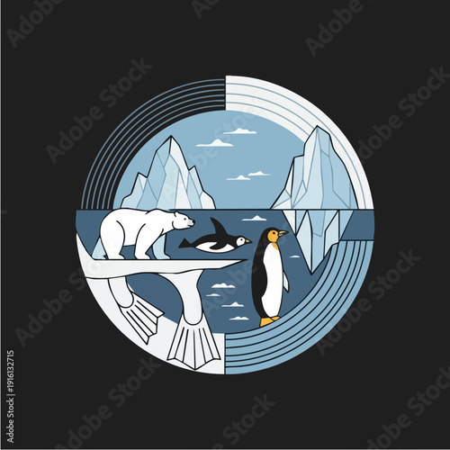 Polar bear and penguin in arctic and antarctic environments.