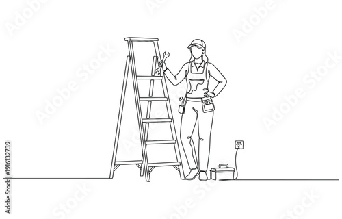 Continuous one line drawing repairwoman with ladder.