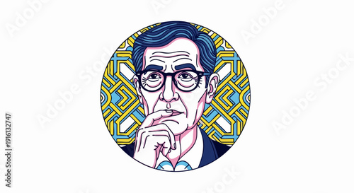 Portrait of an older man with glasses in a circular frame.