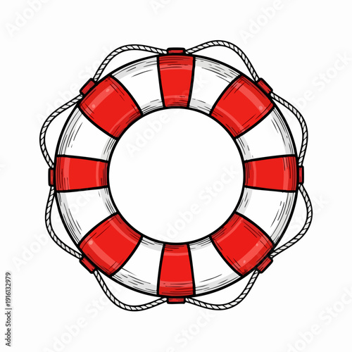 Red and white striped life preserver ring with rope.