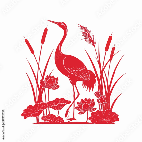 Red Crane Standing Among Lotus Flowers and Reeds.