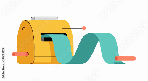 Retro yellow machine printing long teal paper scroll.
