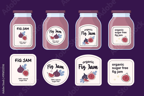 Set of labels for figs jam. Stylized whole fruit and slices. Simple flat vector illustration.