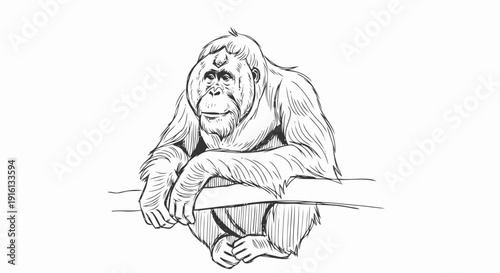 Gorilla Sitting on Branch Sketch Illustration.