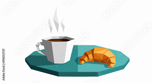 Steaming Hot Coffee Cup and Golden Croissant on Tray.
