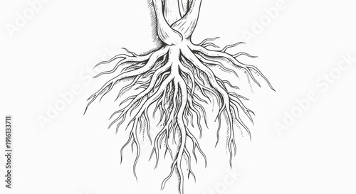 Tree Roots Illustration Detailed Drawing.