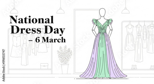 Woman in green and purple dress on national dress day march 6th in clothing store with fashion garments