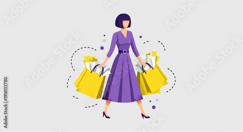 Stylish Woman With Shopping Bags Full Of Purchases.