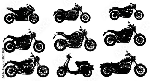 Collection of nine different motorcycle and scooter silhouettes.
