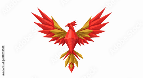 Stylized Geometric Phoenix Bird Illustration with Fiery Wings.