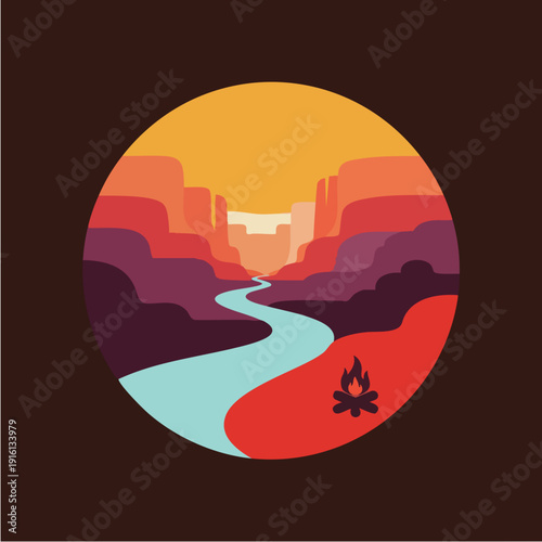 Stylized Grand Canyon landscape with river and campfire icon.