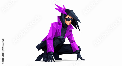 Stylized illustration of a crouching female assassin in purple jacket.