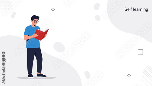 Young Man Reading Book, Self Learning Concept, Flat Design Illustration
