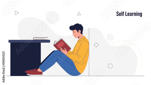 Young man reading book, self-learning, education, knowledge concept, flat design illustration