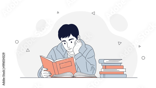 Young man reading book, stack of books on side, minimalist illustration, education concept