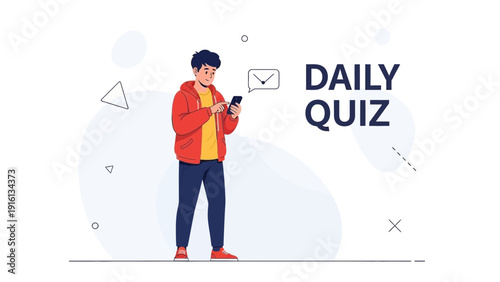 Young Man Playing Daily Quiz on Smartphone, Online Entertainment