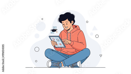 Young man learning online on tablet computer, sitting cross-legged, digital education concept