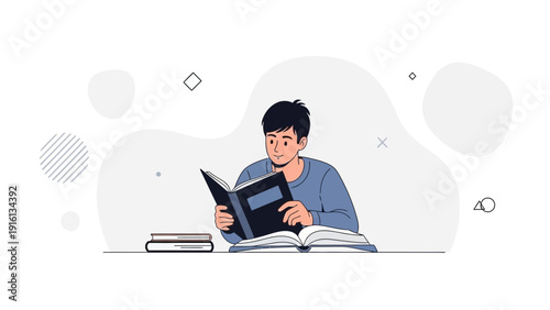 Young man reading a book at a desk, learning and studying concept, flat design illustration