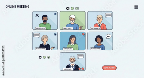 A vector graphic illustration of a diverse group of people participating in an online meeting