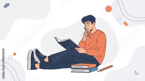 Young man reading a book, studying and learning, creative illustration