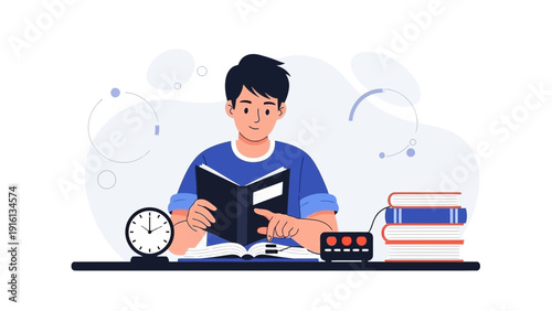 Young man reading book at desk with clock and books stacked, studying concept