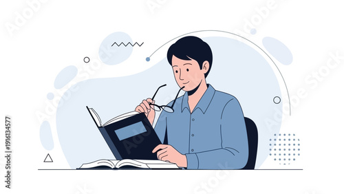 Young man reading a book, studying, learning, focused on knowledge, education concept illustration