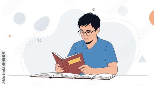 Young man reading a book, studying, learning, focused, knowledge, education concept illustration