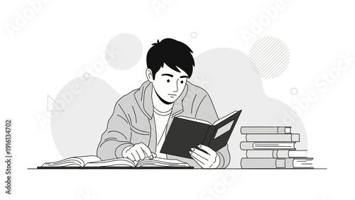 Young man reading book, education concept, illustration