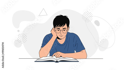 Young Man Reading Book, Focused Study, Education Concept, Modern Flat Illustration