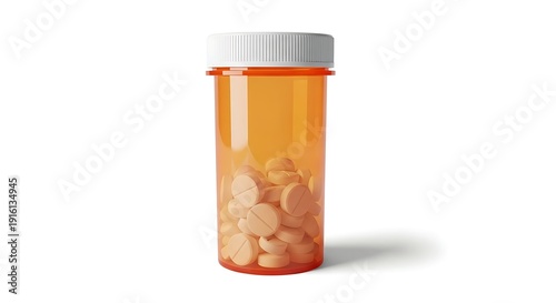 A prescription pill bottle filled with medication on a white background