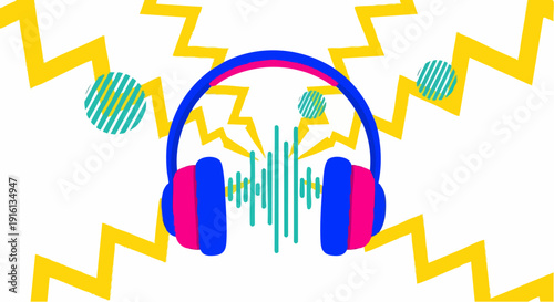 Vibrant Headphones Displaying Sound Waves and Abstract Elements.